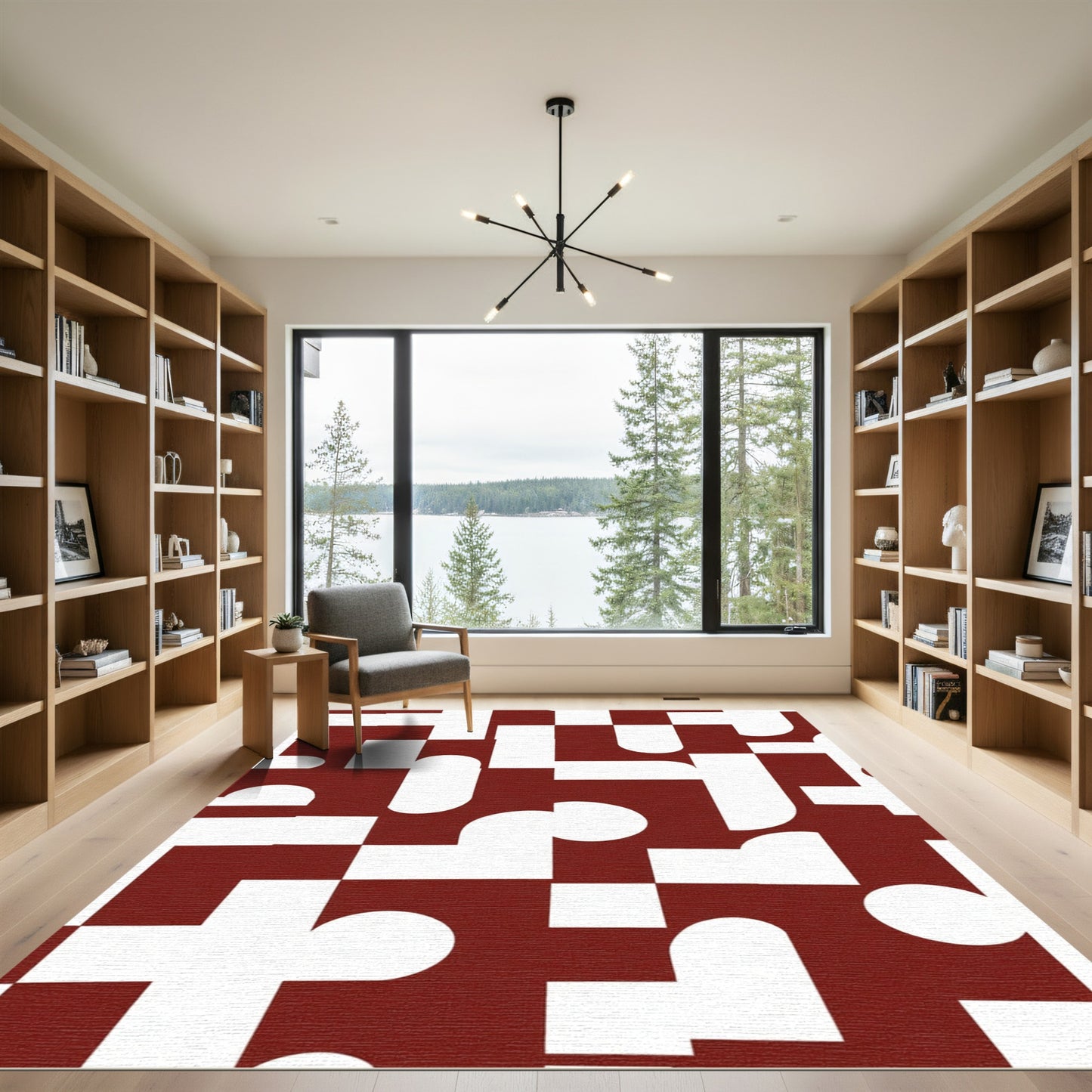 Deep Red Abstract Geometric Forms Rug