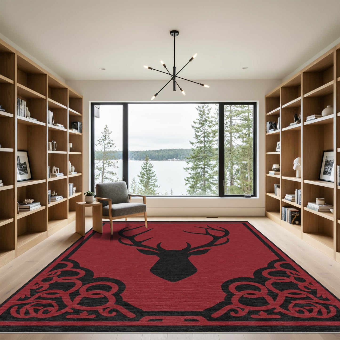 Crimson Stag Head Ornate Border Rug