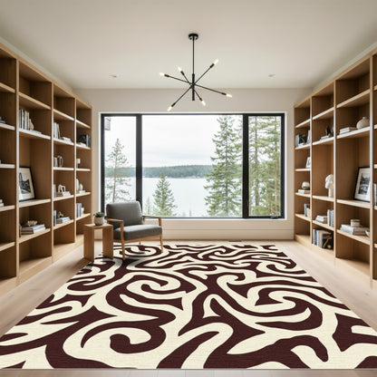 Cream and Dark Brown Swirl Abstraction Rug