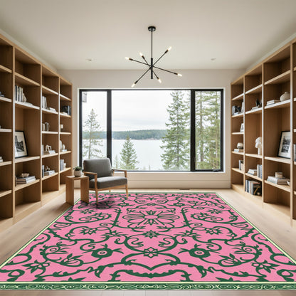 Ornate Pink Green Floral Swirl Rug