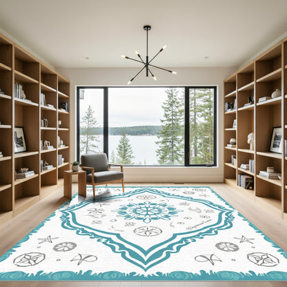 Teal Teal Starburst Mandala Medallion Rug