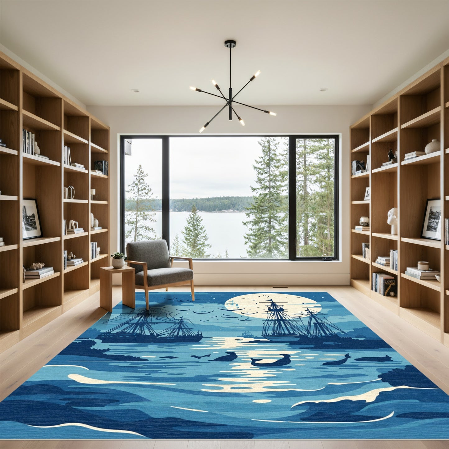 Deep Blue Nautical Tall Ship Moonscape Rug