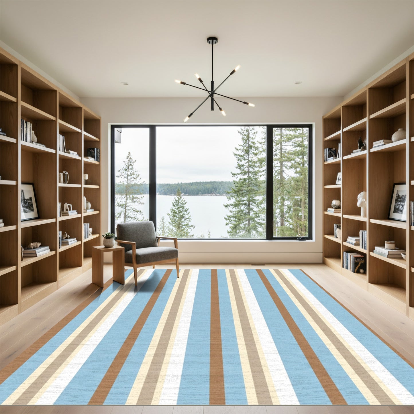 Warm Blue Beige Vertical Stripes Rug