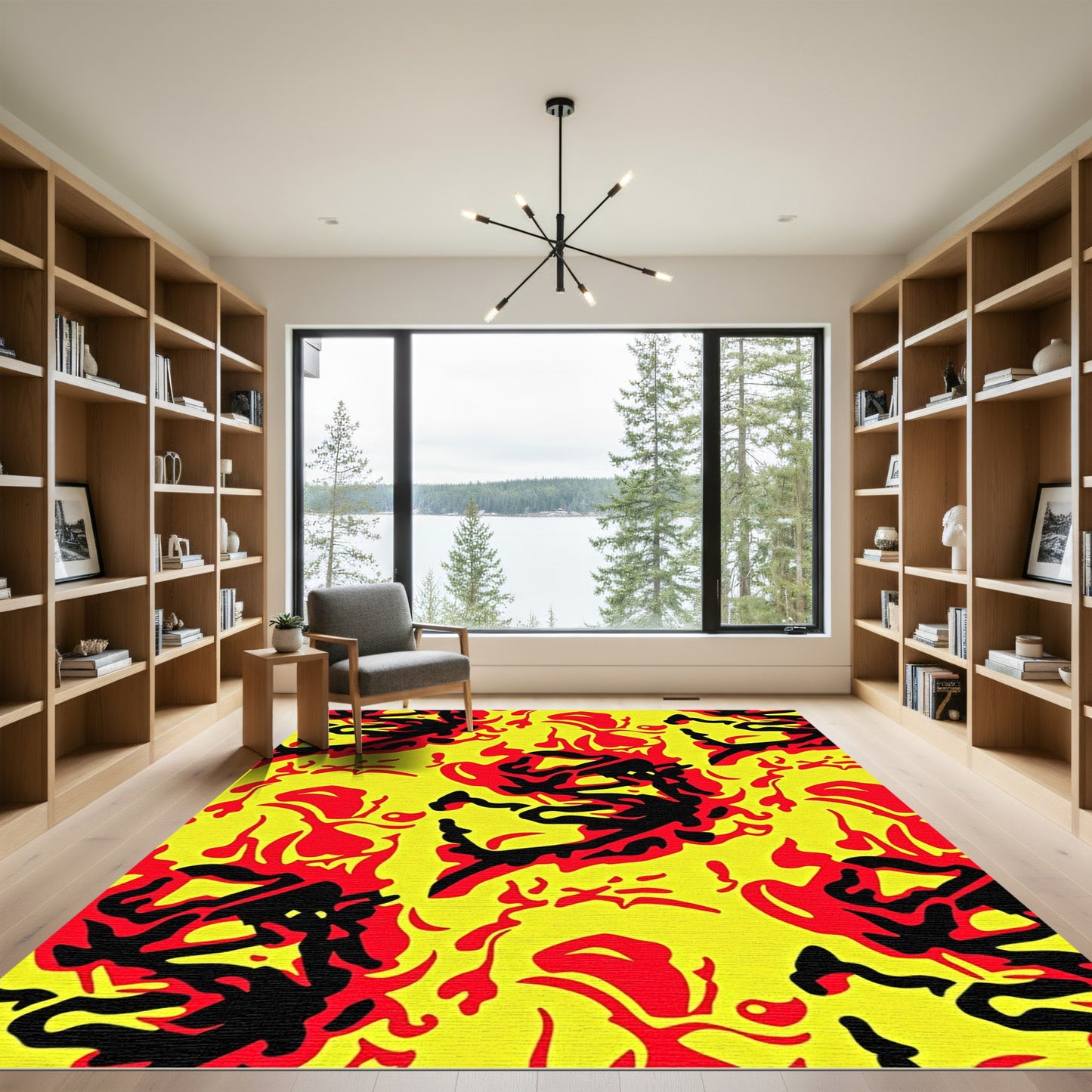 Bold Yellow Red Black Abstract Flames Rug
