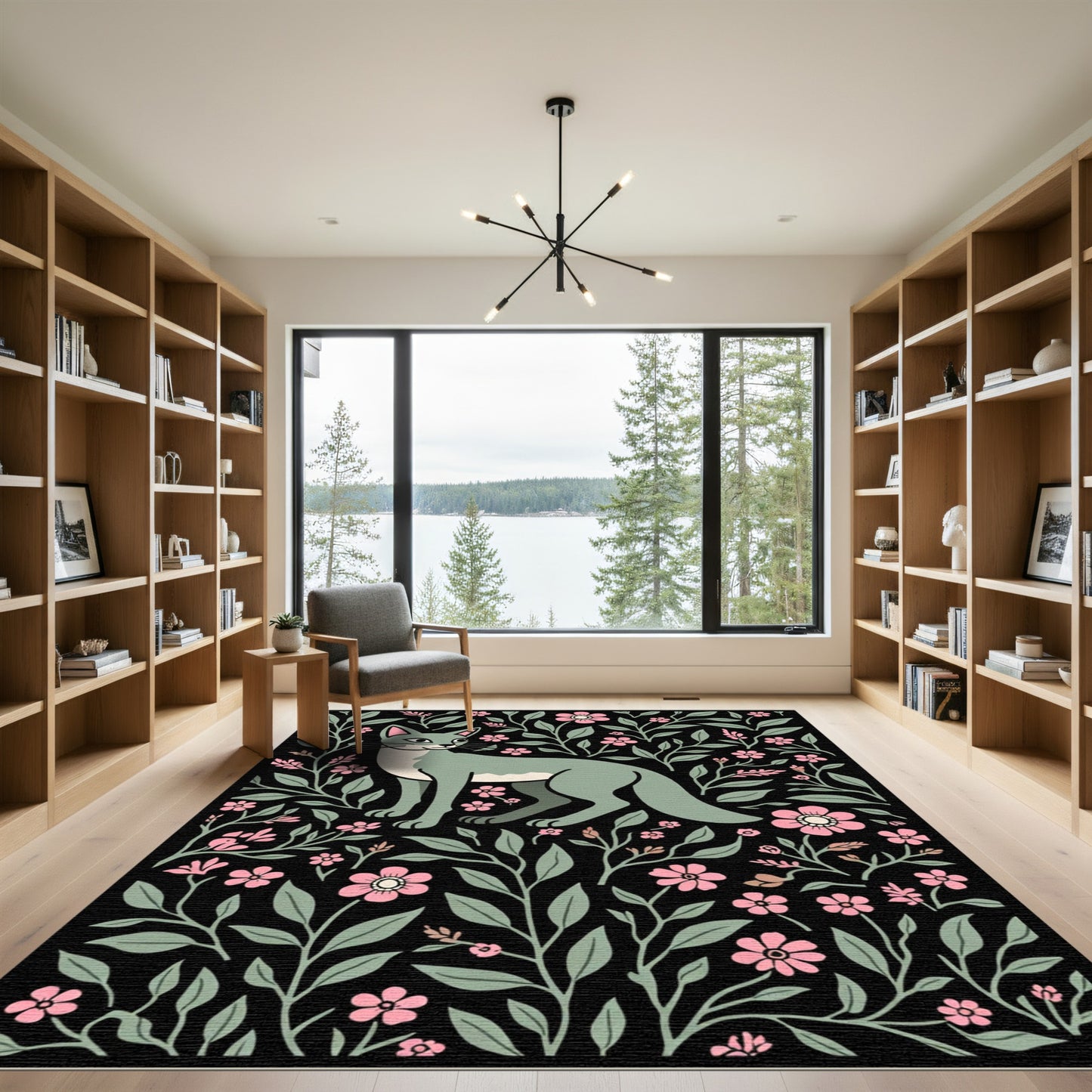 Sage Cat Pink Floral Garden Rug