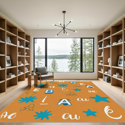 Playful Teal Star Alphabet Collage Rug