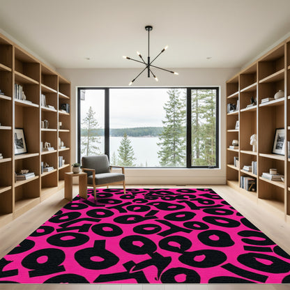 Vibrant Pink Black Abstract Spots Rug