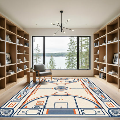 Art Deco Navy Orange Geometric Court Rug