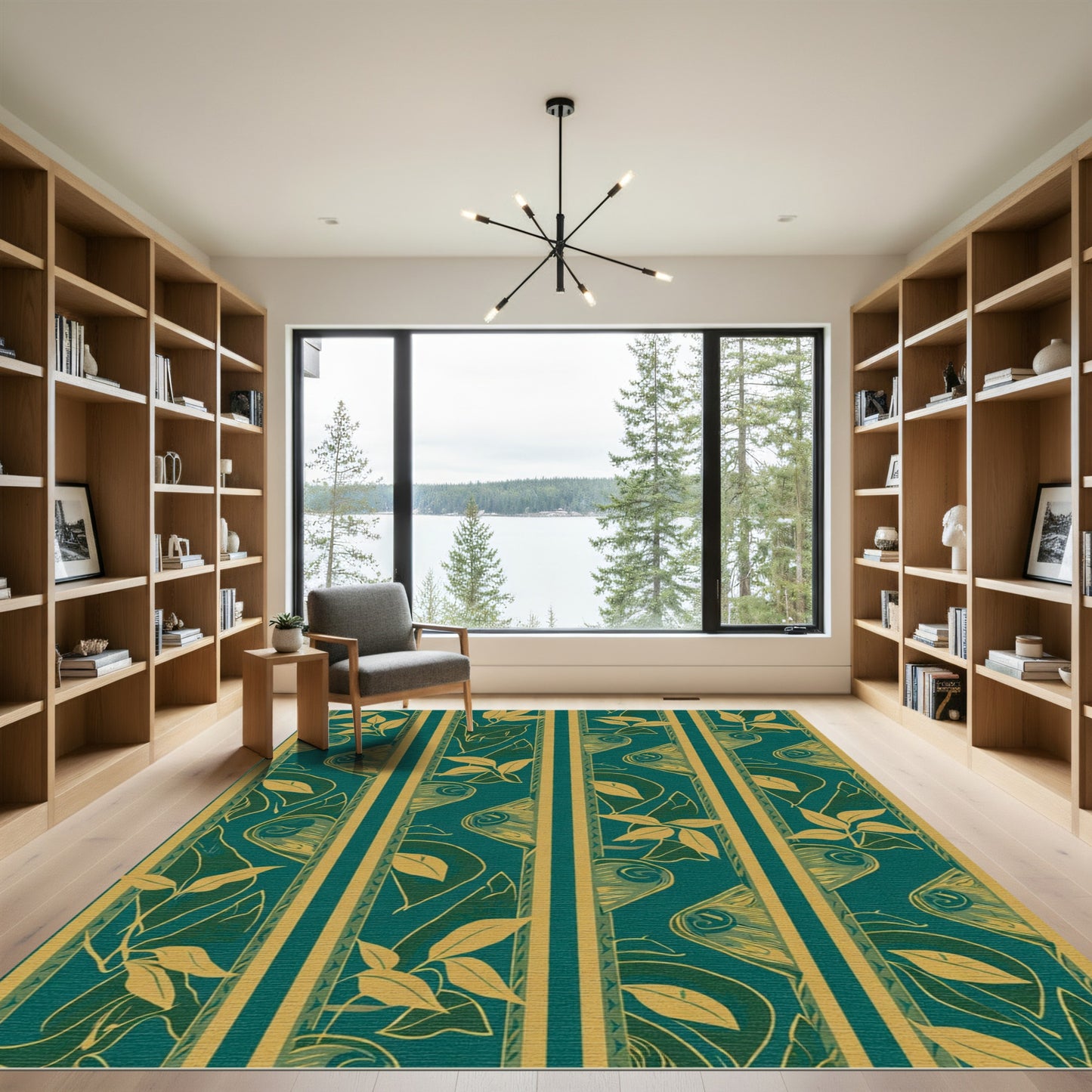 Teal Gold Leaf Botanical Striped Rug
