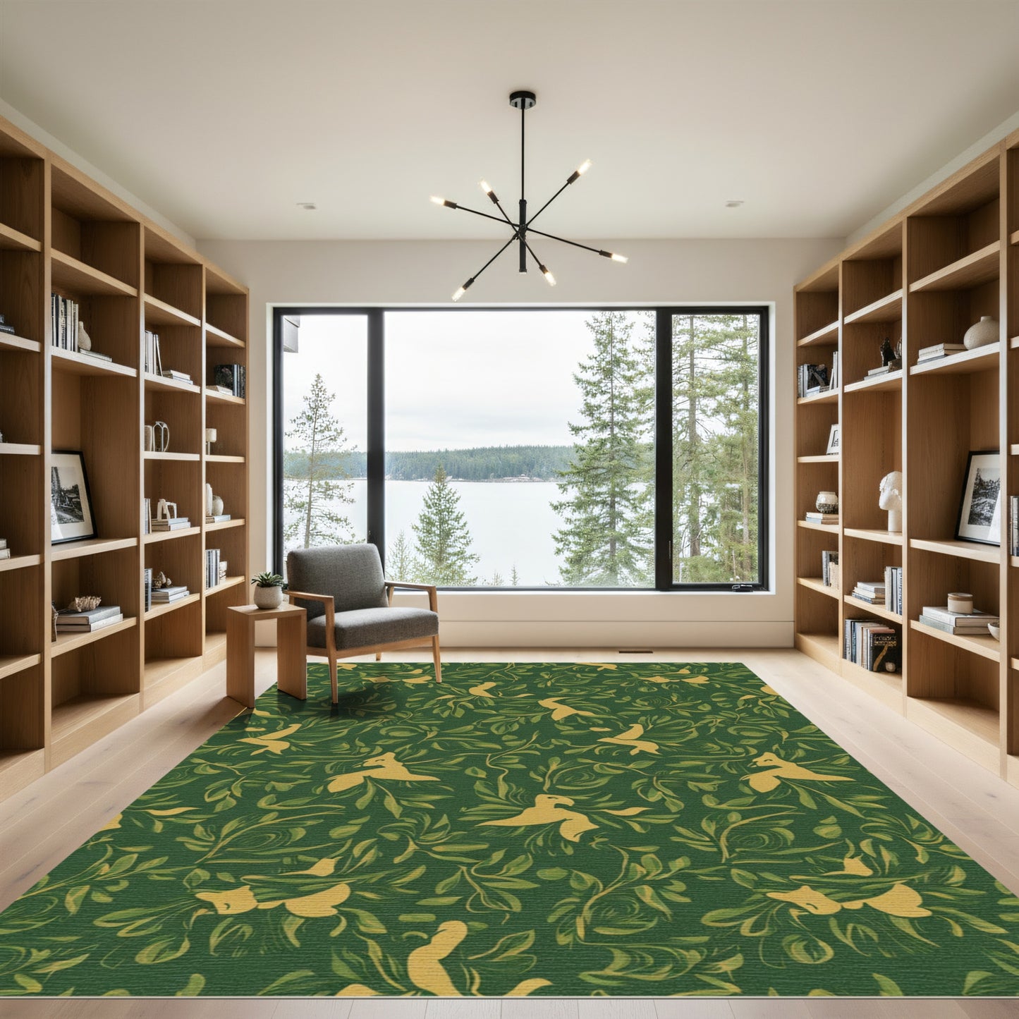 Golden Birds Lush Green Foliage Rug