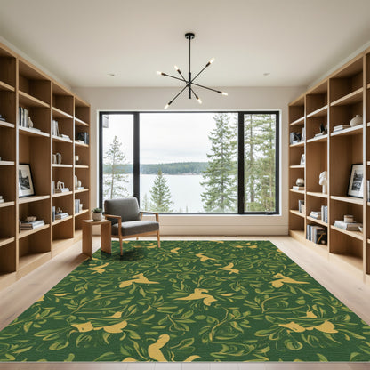 Golden Birds Lush Green Foliage Rug