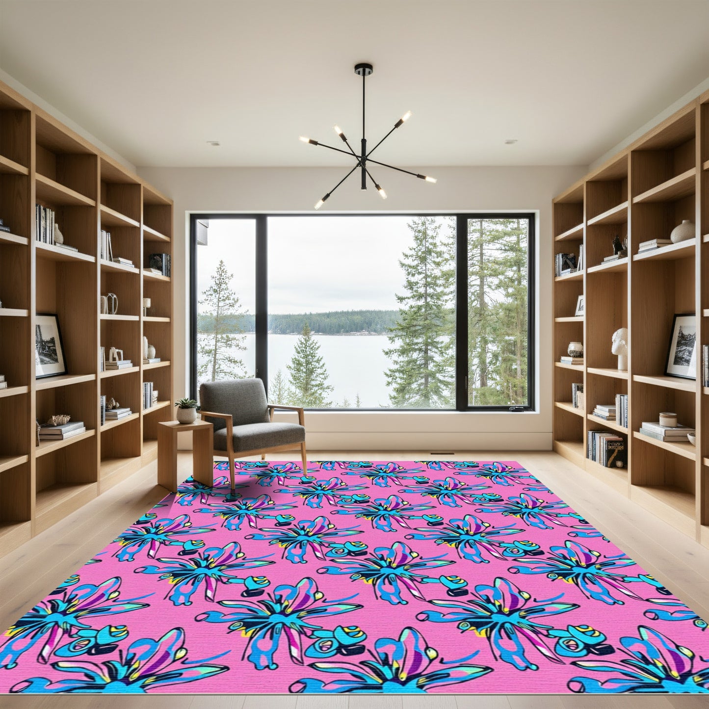 Vibrant Pink Blue Abstract Floral Rug