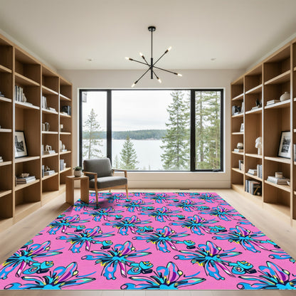 Vibrant Pink Blue Abstract Floral Rug