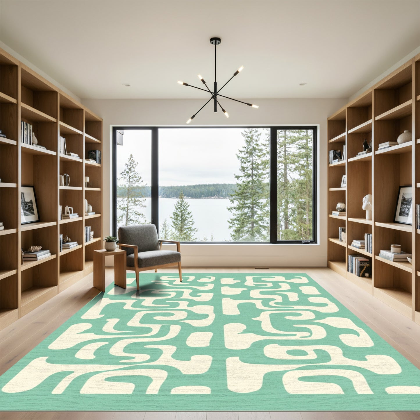 Cream Abstract Aqua Interlocking Shapes Rug