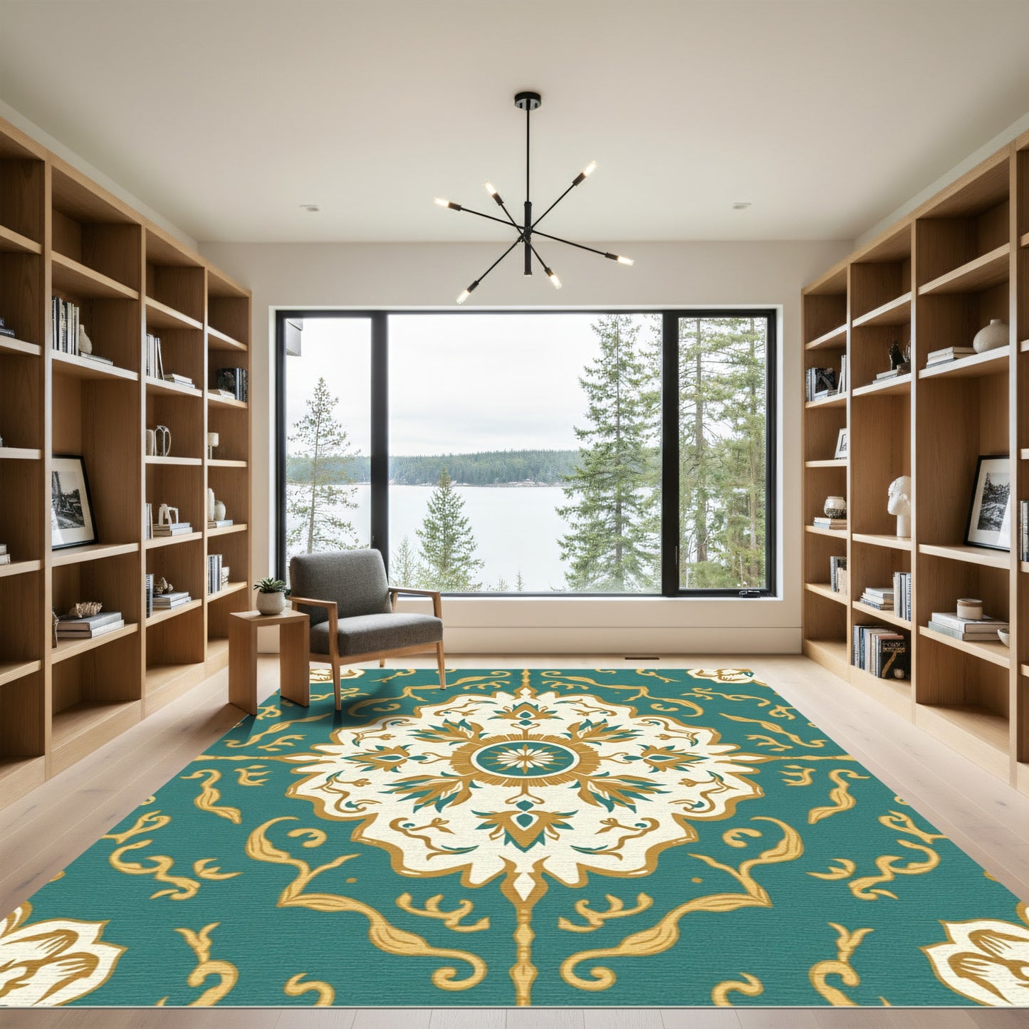Turquoise Golden Floral Medallion Rug