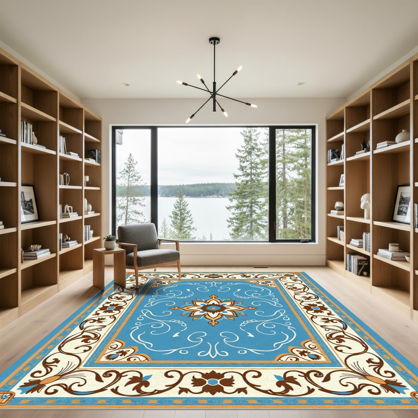 Azure Floral Medallion Scroll Border Rug