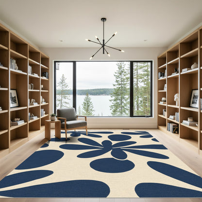 Navy Floral Abstract Cream Rug