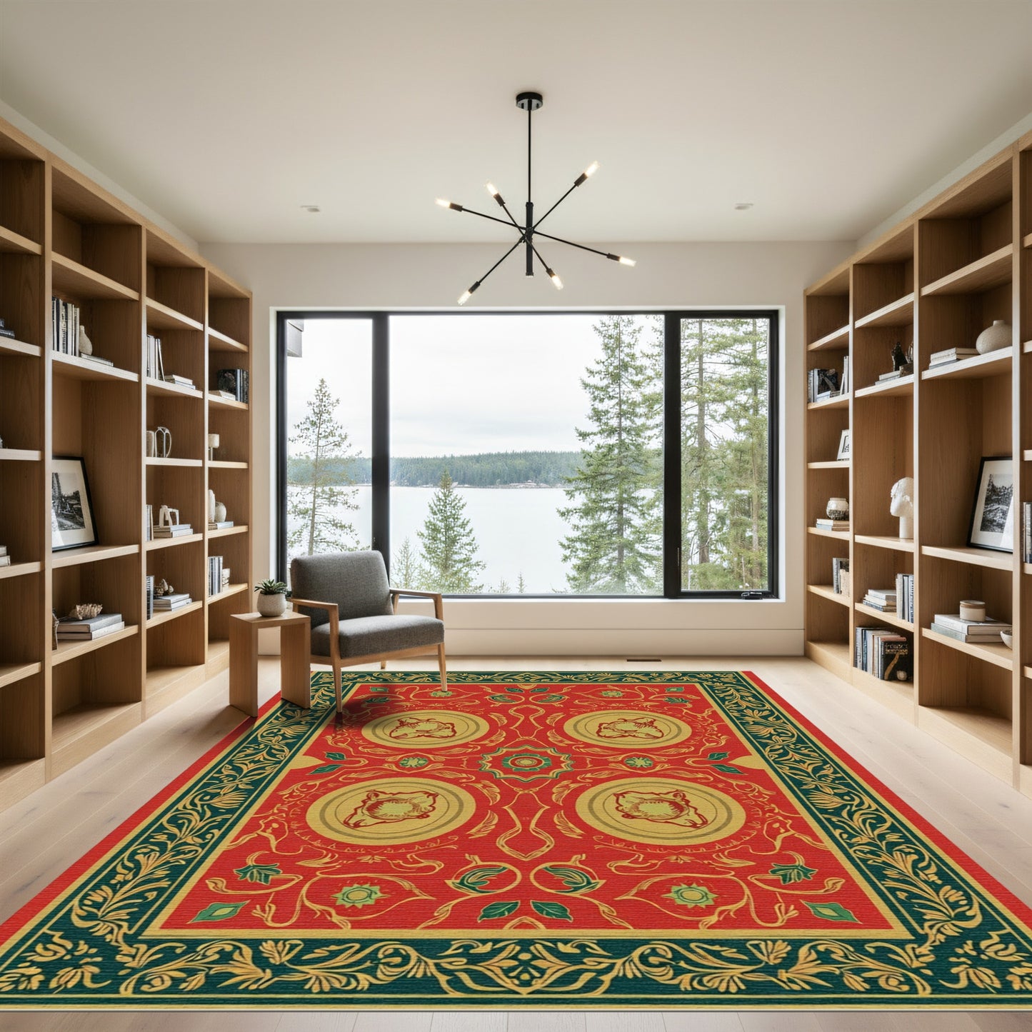 Ornate Red Gold Floral Medallion Border Rug