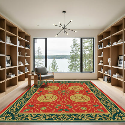 Ornate Red Gold Floral Medallion Border Rug
