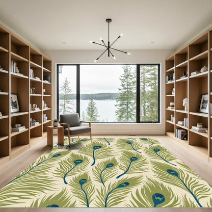 Olive Green Blue Peacock Feather Array Rug