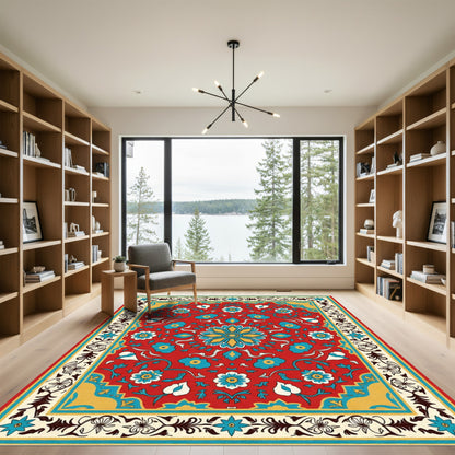 Red Floral Medallion Indigo Border Rug