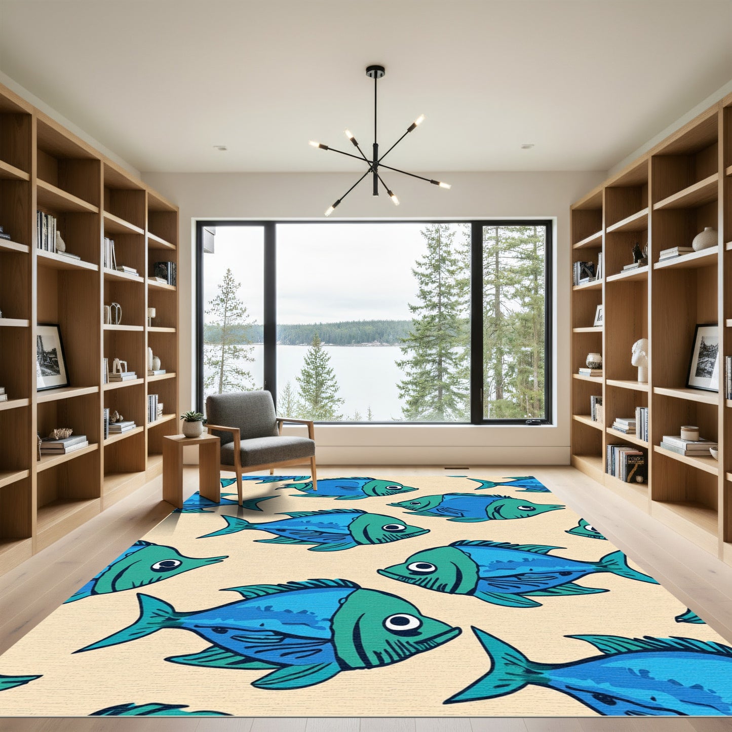 Blue Green Fish School Repeating Pattern Rug