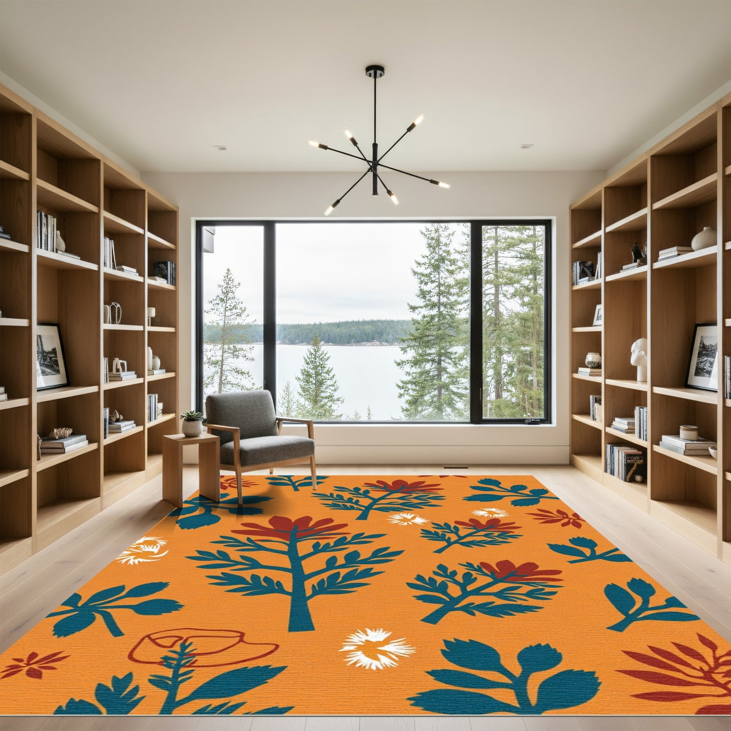 Orange Teal Floral Folk Branches Rug