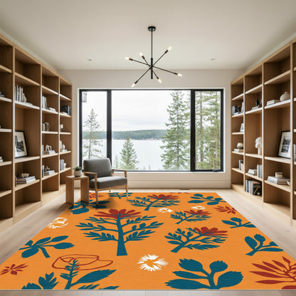 Orange Teal Floral Folk Branches Rug