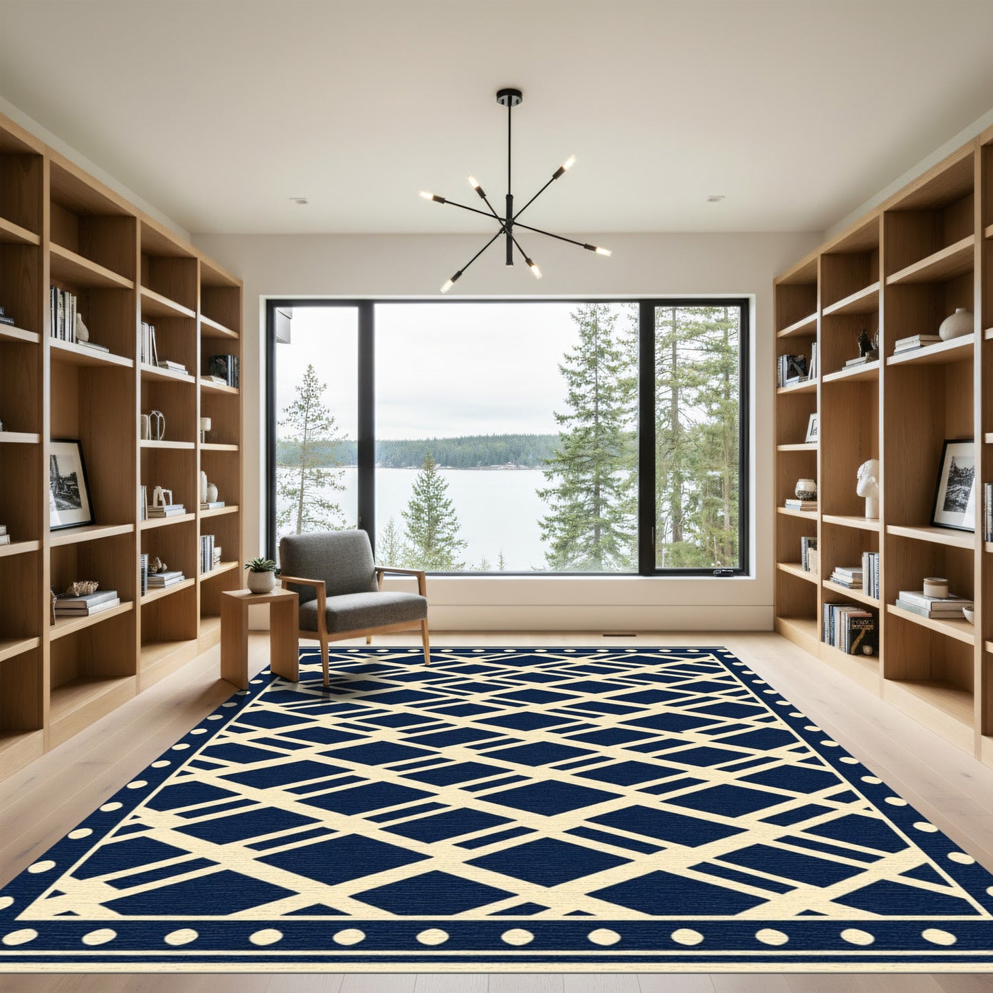 Navy White Diamond Lattice Border Rug