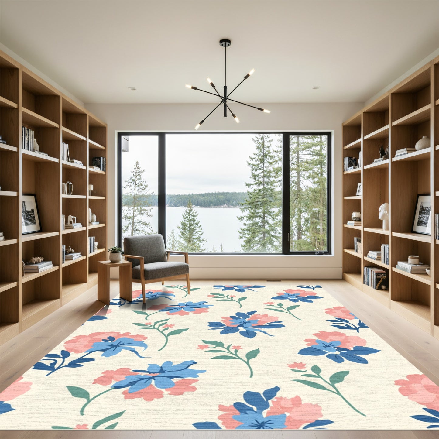 Coral Blue Floral Botanical Arrangement Rug