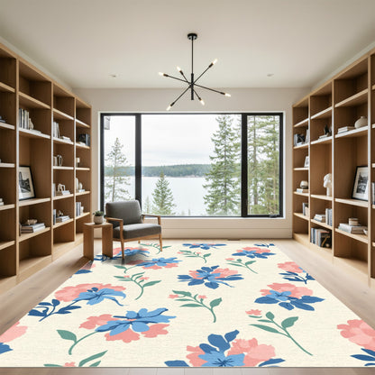 Coral Blue Floral Botanical Arrangement Rug