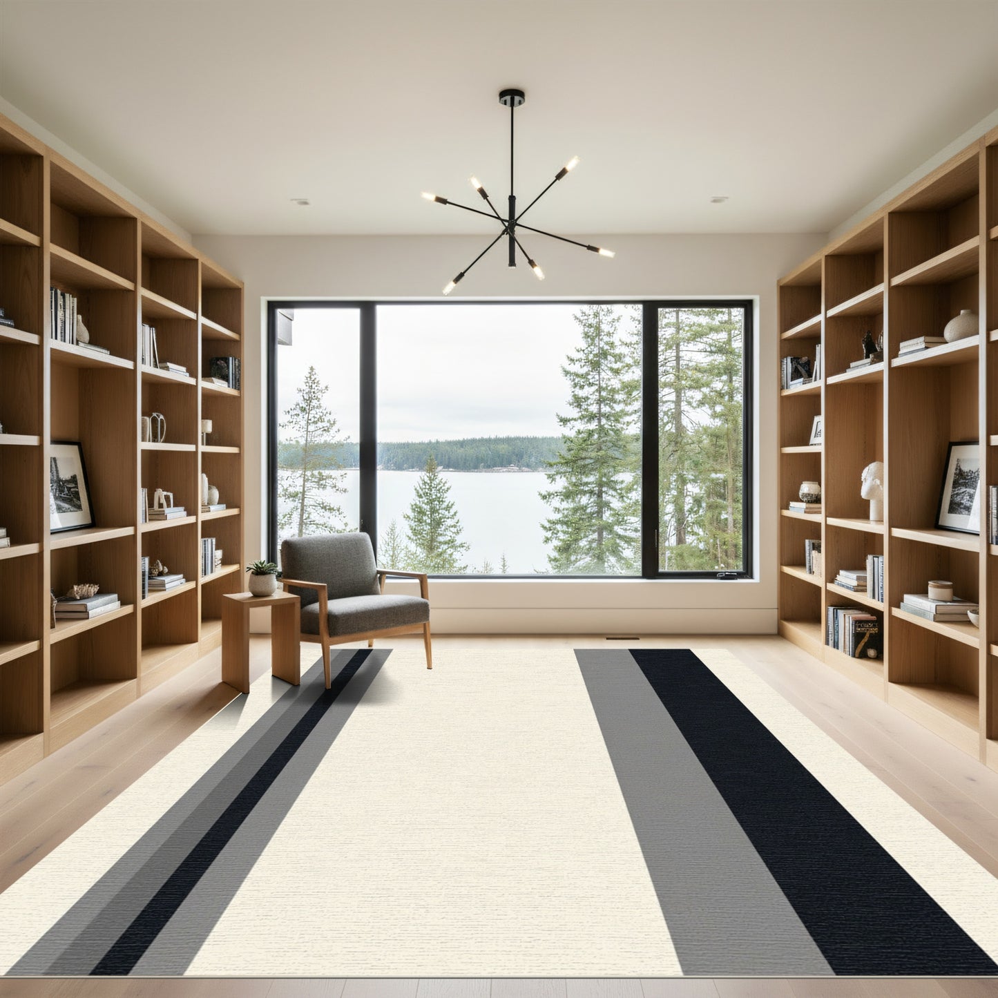 Cream Black Gray Vertical Stripe Rug