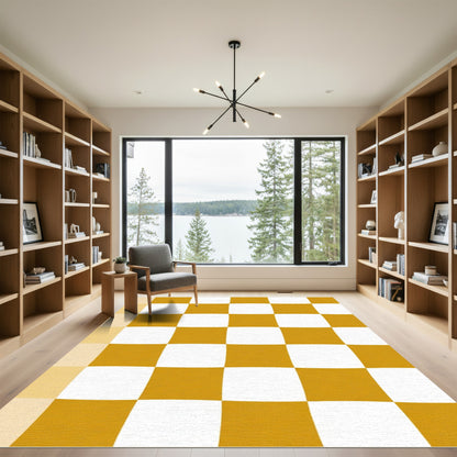 Golden White Checkerboard Squares Rug