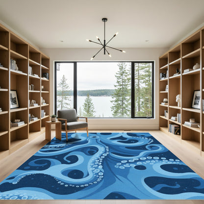 Deep Blue Abstract Octopus Tentacles Rug