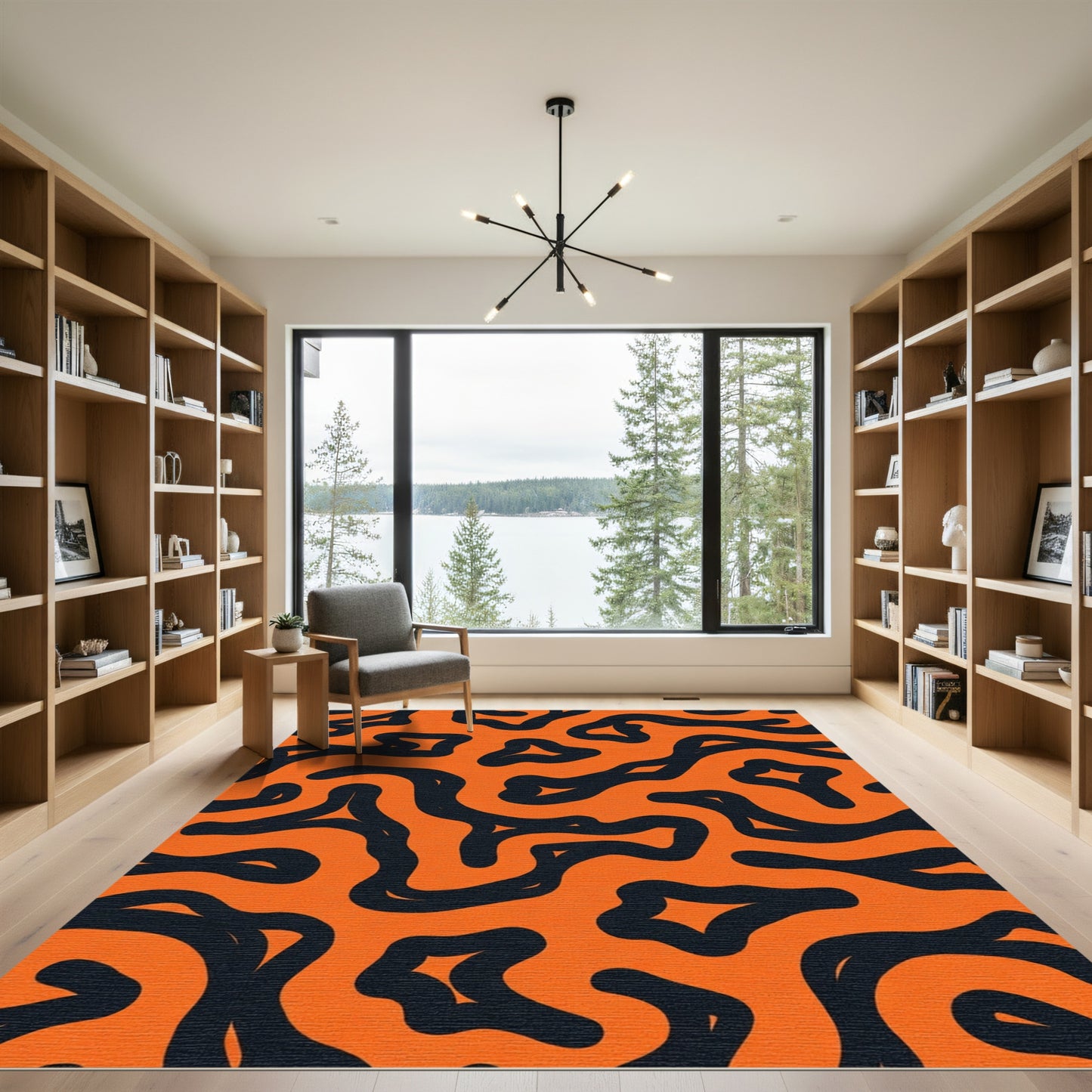 Orange Black Abstract Line Art Rug