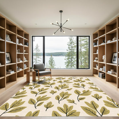 Olive Green Botanical Branch Arrangement Rug