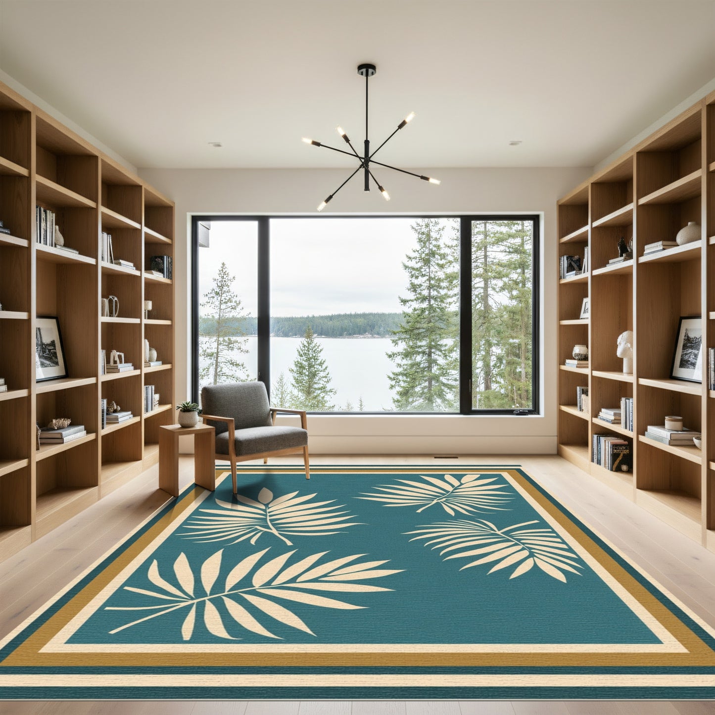Teal Tropical Palm Frond Composition Rug