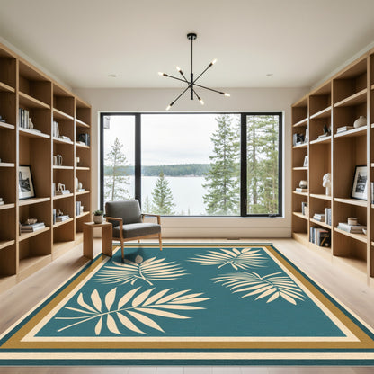 Teal Tropical Palm Frond Composition Rug