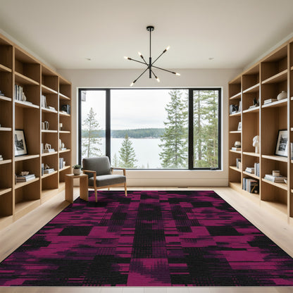 Deep Magenta Glitched Geometric Fragment Rug