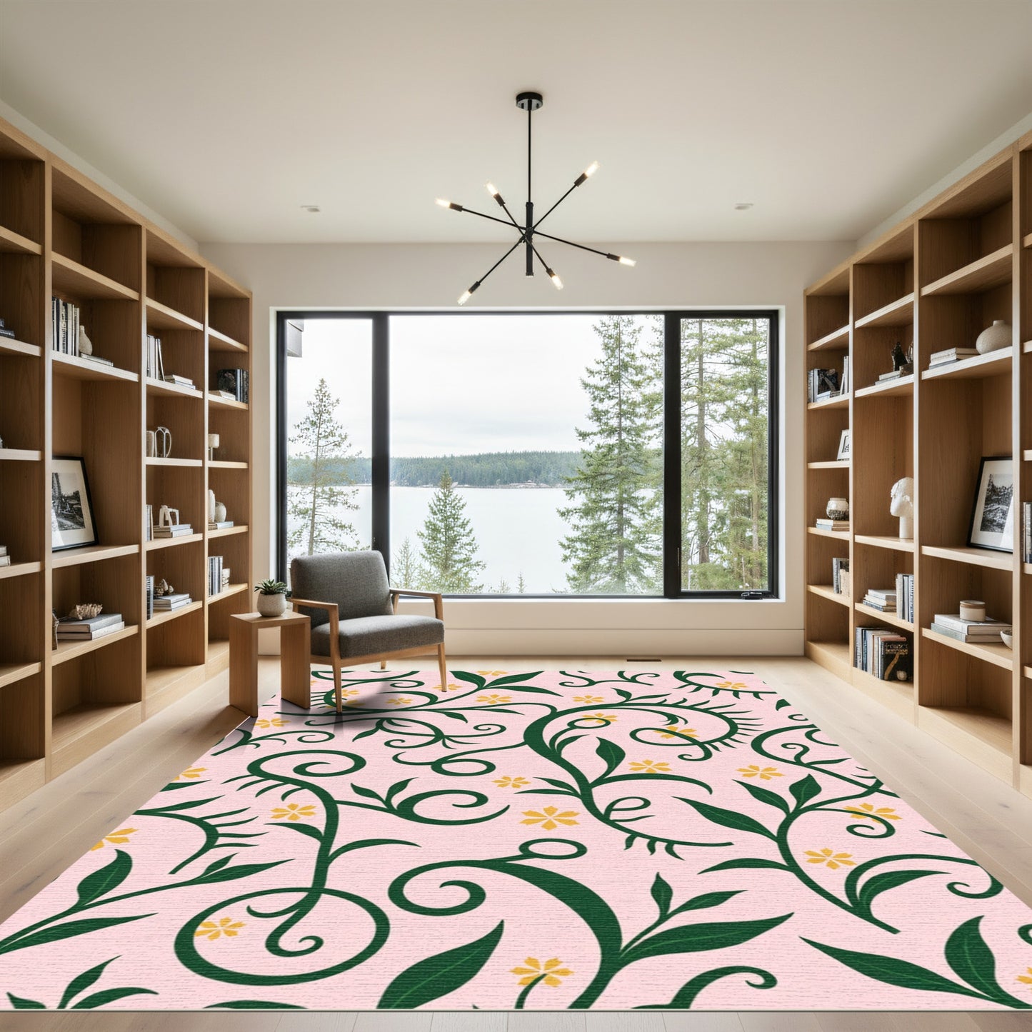 Soft Pink Green Floral Swirl Rug