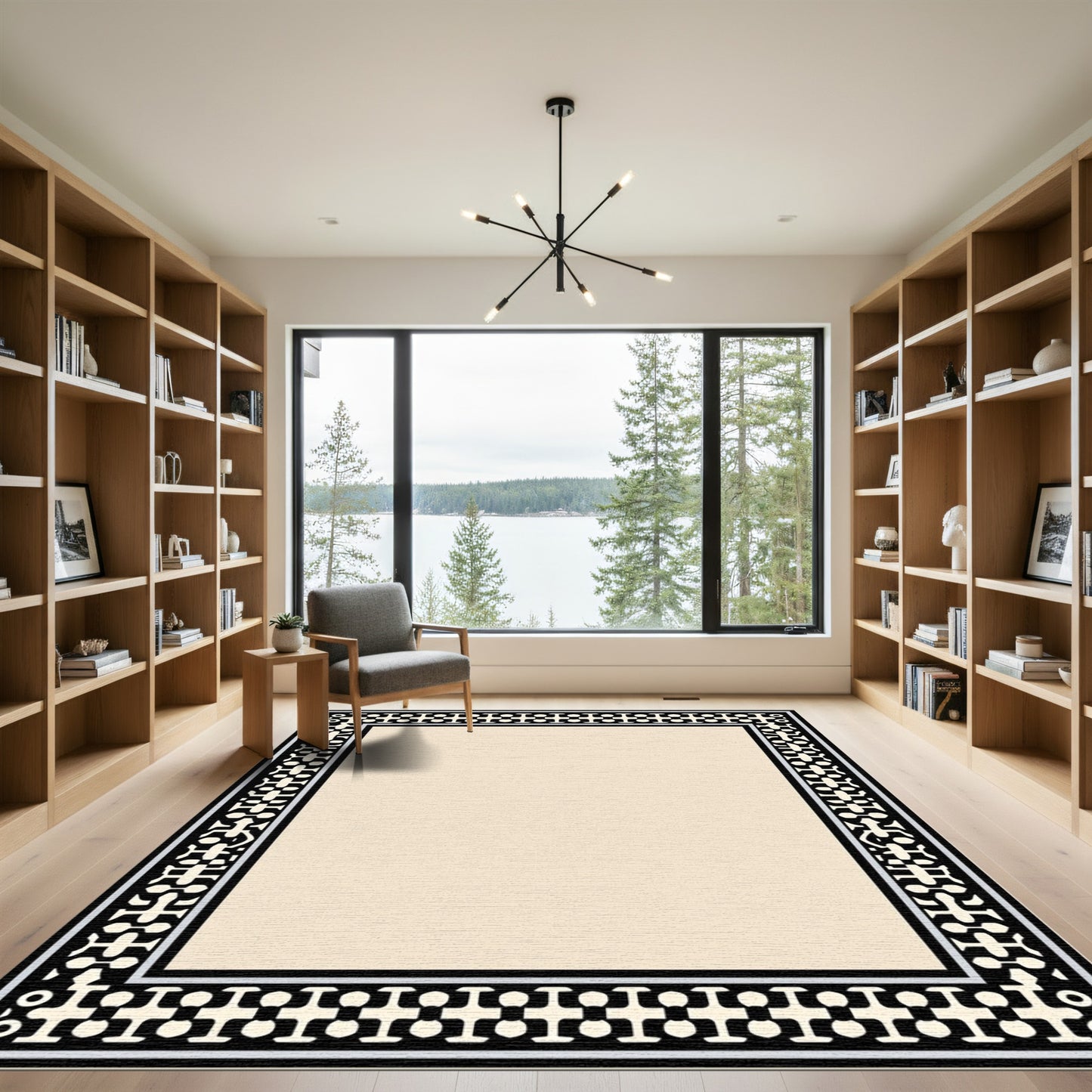 Geometric Black Ivory Medallion Border Rug