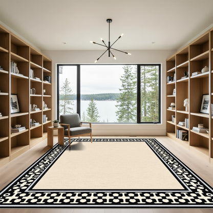 Geometric Black Ivory Medallion Border Rug