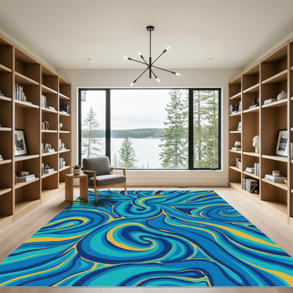 Royal Blue Gold Swirl Fluid Rug