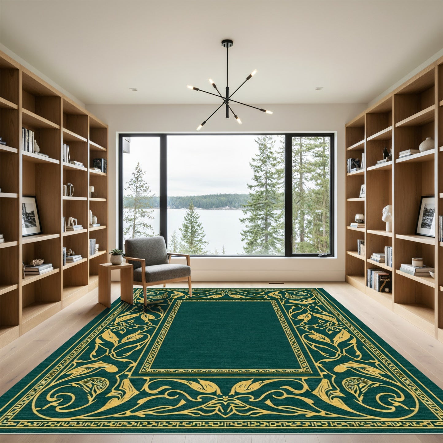 Ornate Gold Leaf Border Classic Teal Rug