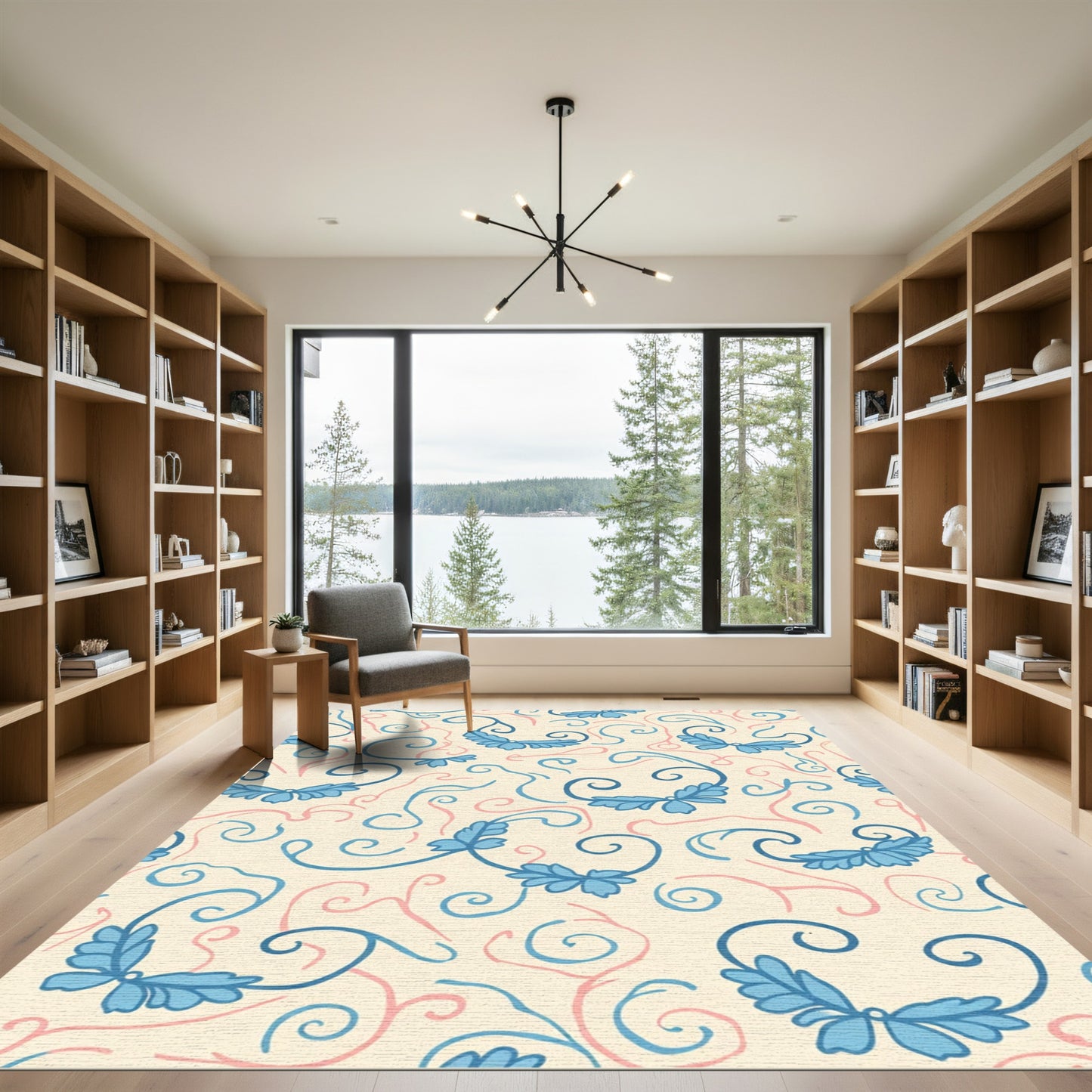 Light Cream Blue Pink Swirling Vines Rug