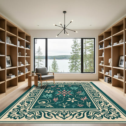 Teal Floral Scroll Frame Design Rug