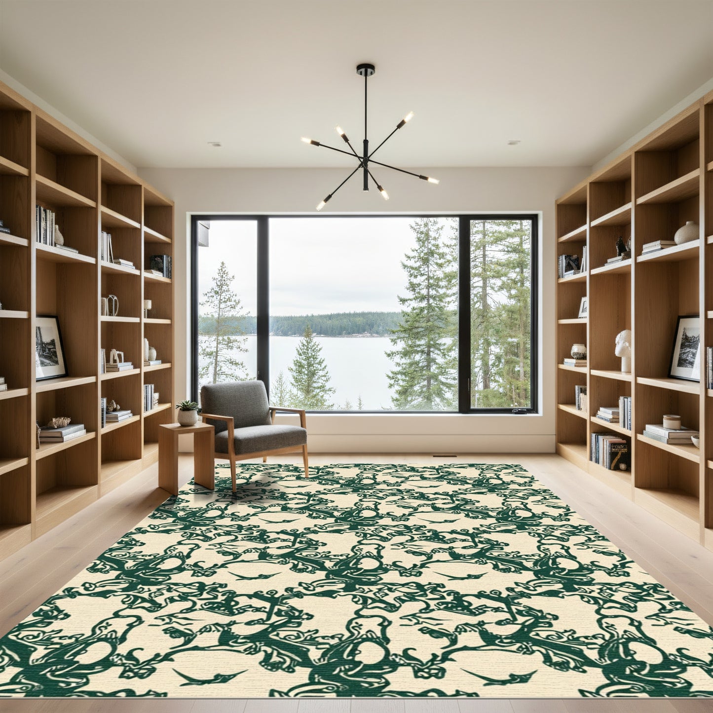 Dark Green Scrollwork Floral Repeating Rug