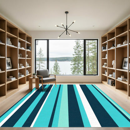 Aqua Navy White Vertical Stripe Rug