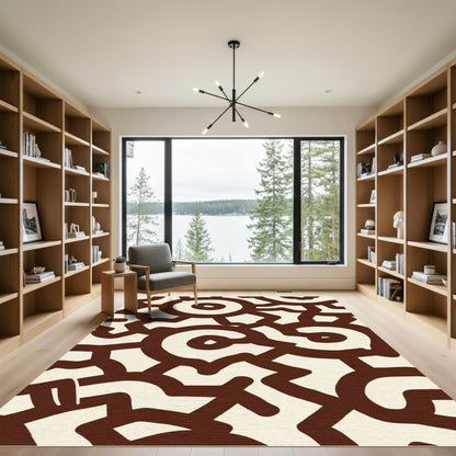Abstract Cream Brown Spiral Medallion Rug