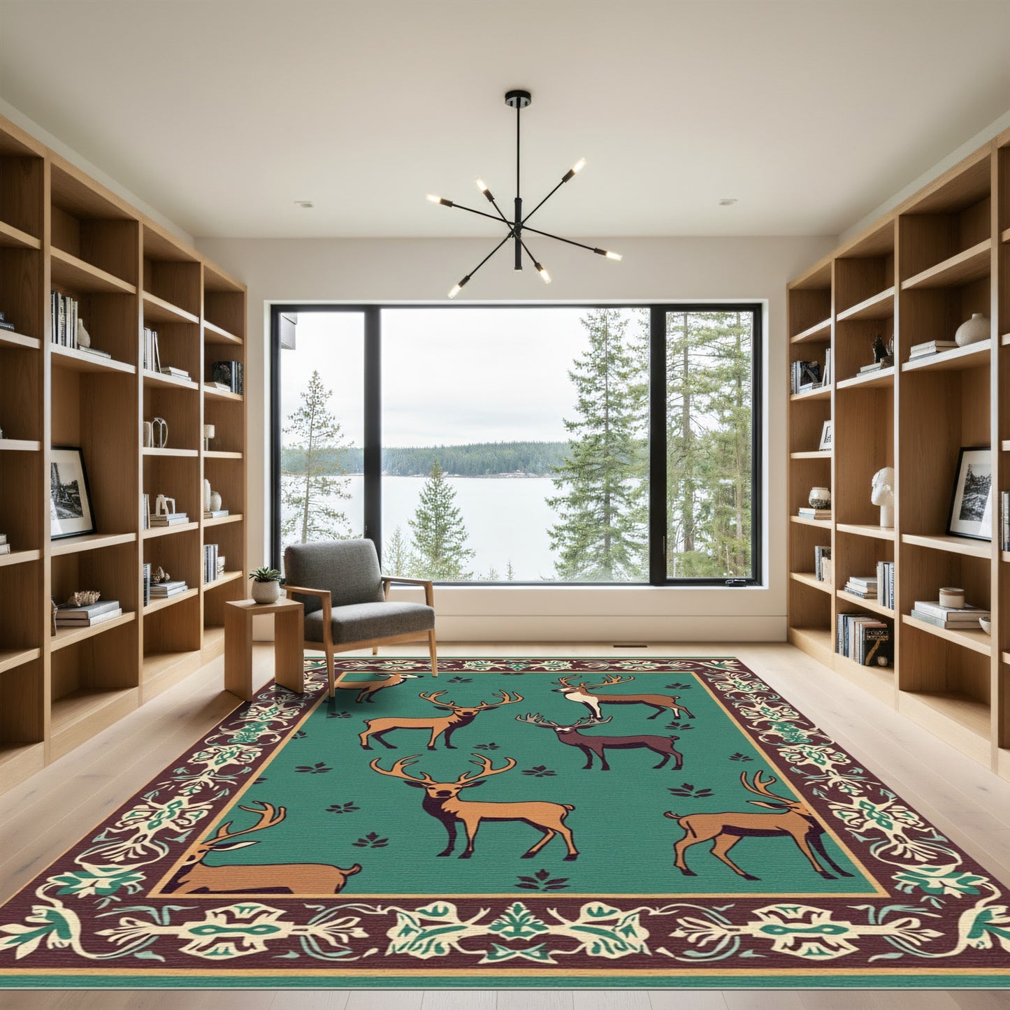 Forest Deer Emblematic Border Green Rug